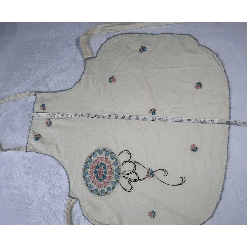 Handmade Full Front Cream Flower Embroidered Apron, Pocket, Detailed, Unique